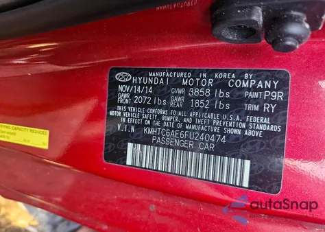 2015 Hyundai Veloster z USA, uszkodzony, nr VIN KMHTC6AE6FU240474